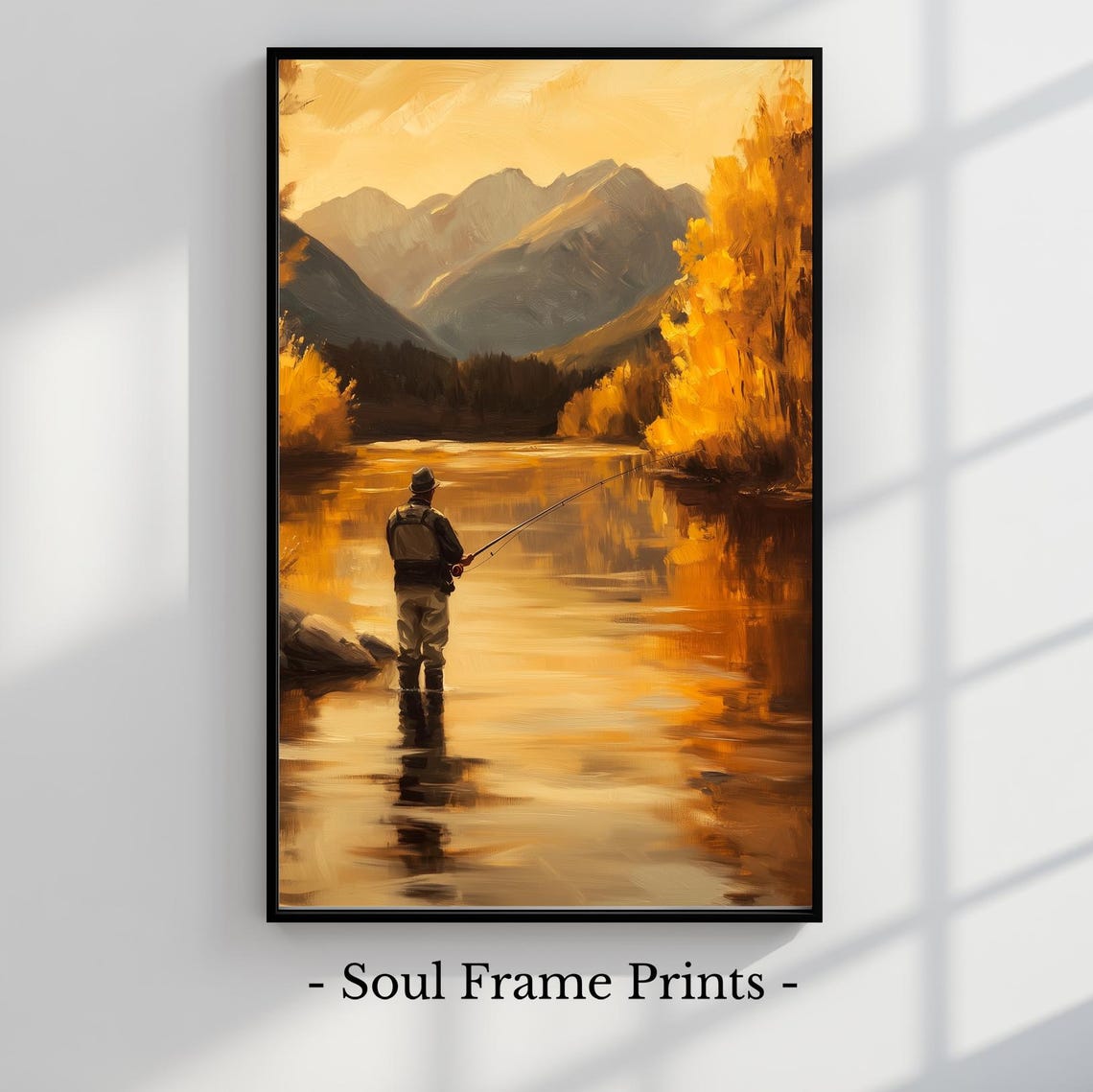 Fly Fishing Golden Mountain River Autumn Landscape Painting Poster