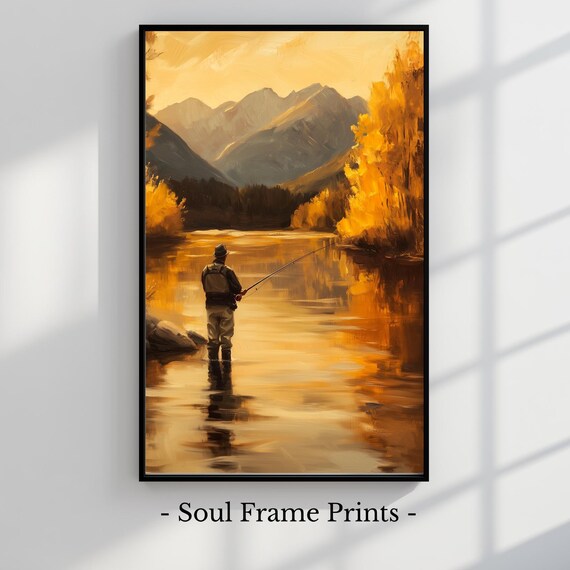 Fly Fishing Golden Mountain River Autumn Landscape Painting Poster