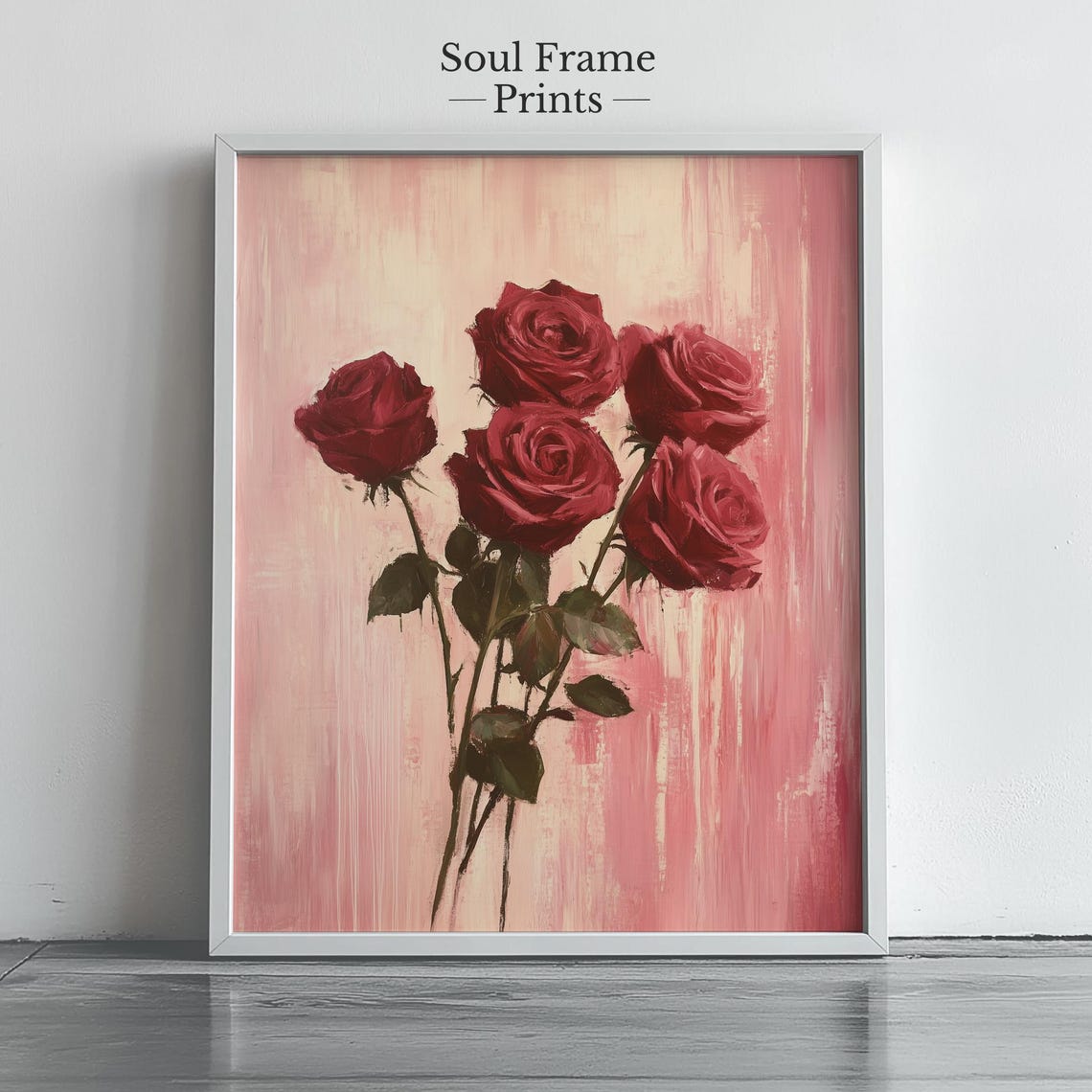 Romantic Red Rose Painting Poster On Soft Pink Floral Background
