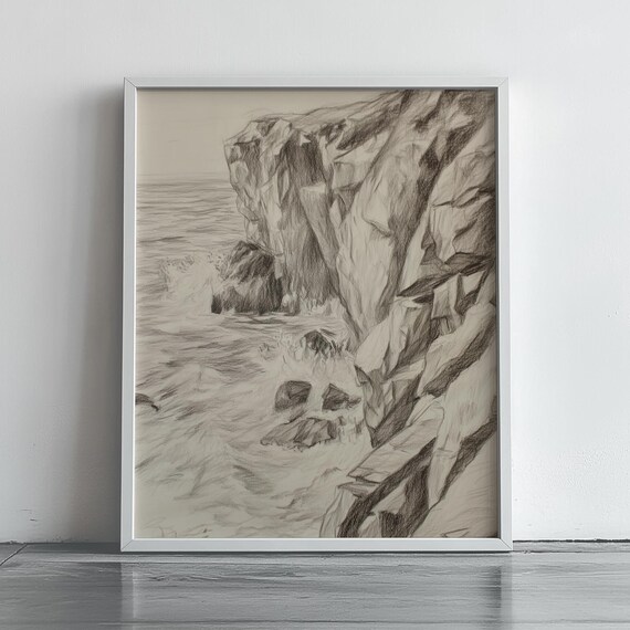 Rugged Ocean Cliff Pencil Sketch Vintage Seaside Coastal Wall Poster
