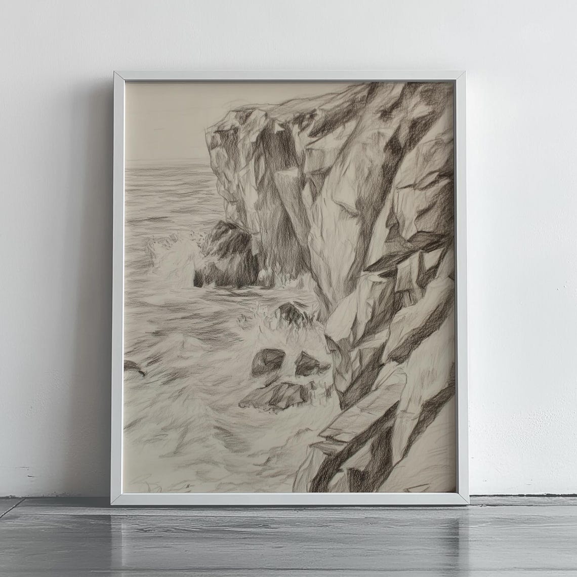 Rugged Ocean Cliff Pencil Sketch Vintage Seaside Coastal Wall Poster