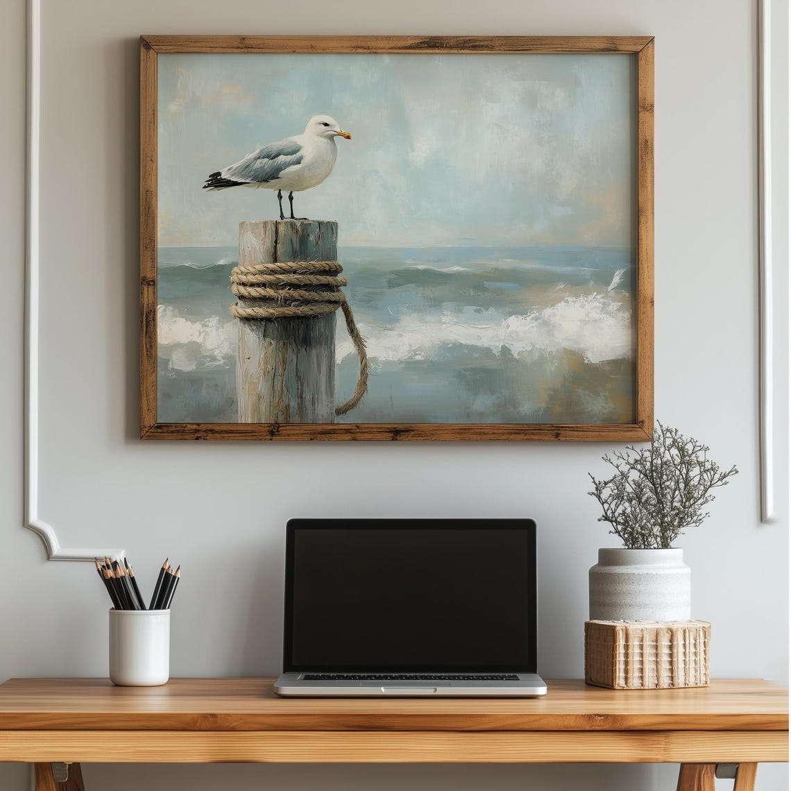Seagull Perched on Weathered Pier Post Ocean Waves Painting Poster