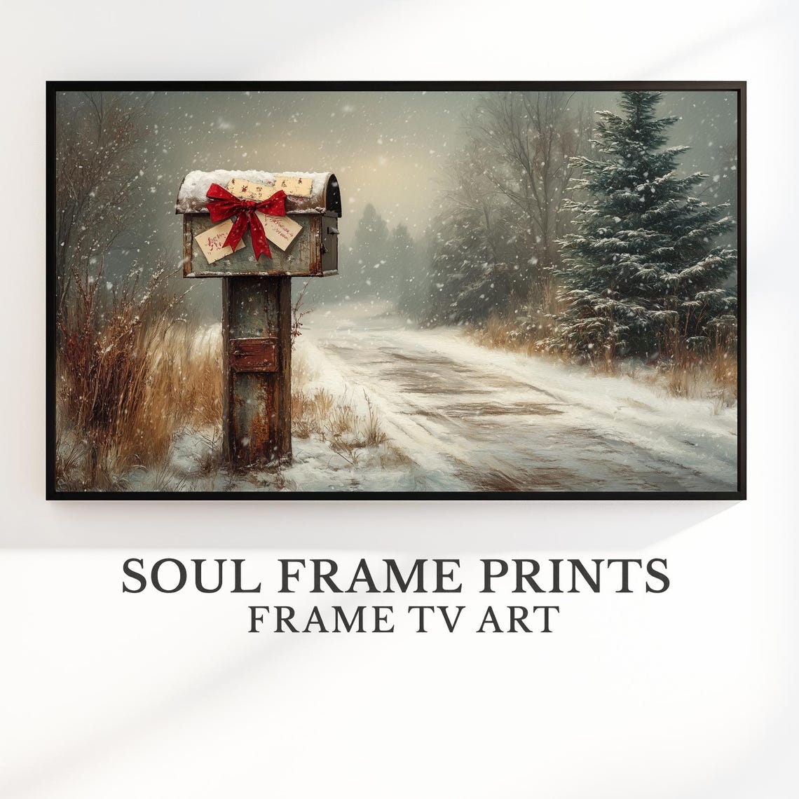 Rustic Christmas Mailbox on a Snowy Winter Road Holiday Poster