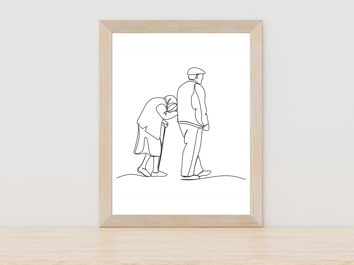 Elderly Couple Walking Line Art Anniversary Love Story Decor Poster