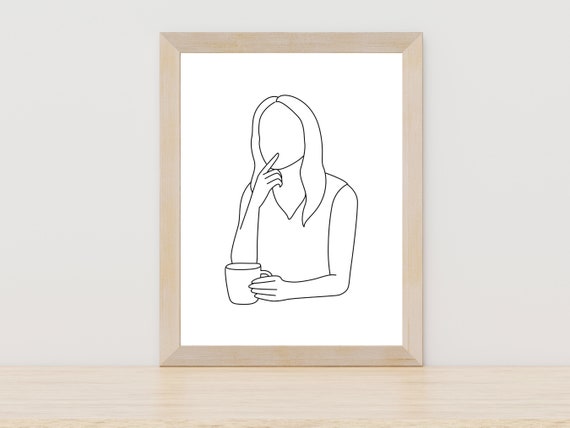 Women With Coffee Line Art Coffee Print Coffee Line Art Minimalistic Art Women With Tea Black And White Print Wall Art Tea