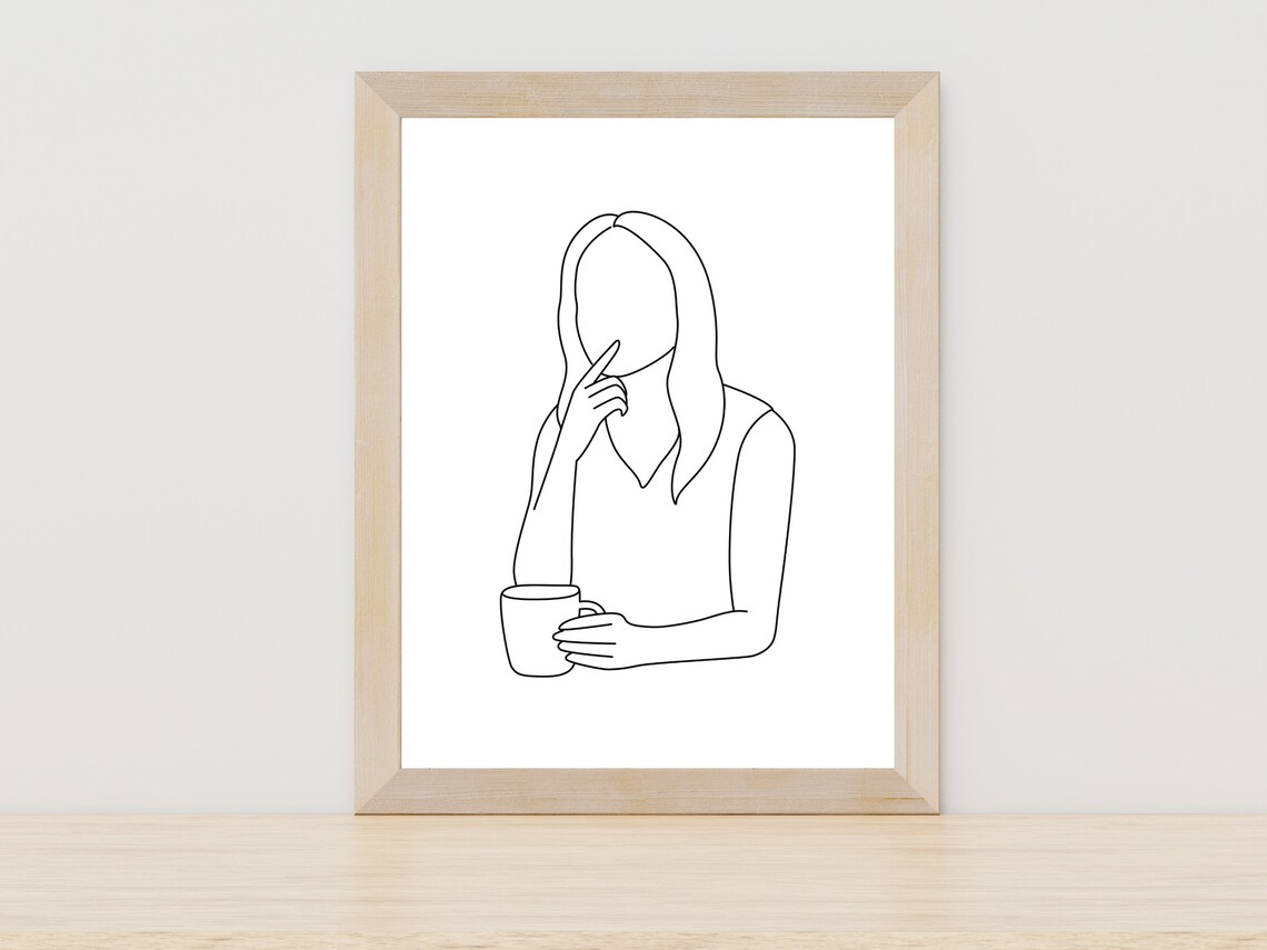 Woman Holding Coffee Mug Quiet Thoughtful Morning Line Art Poster