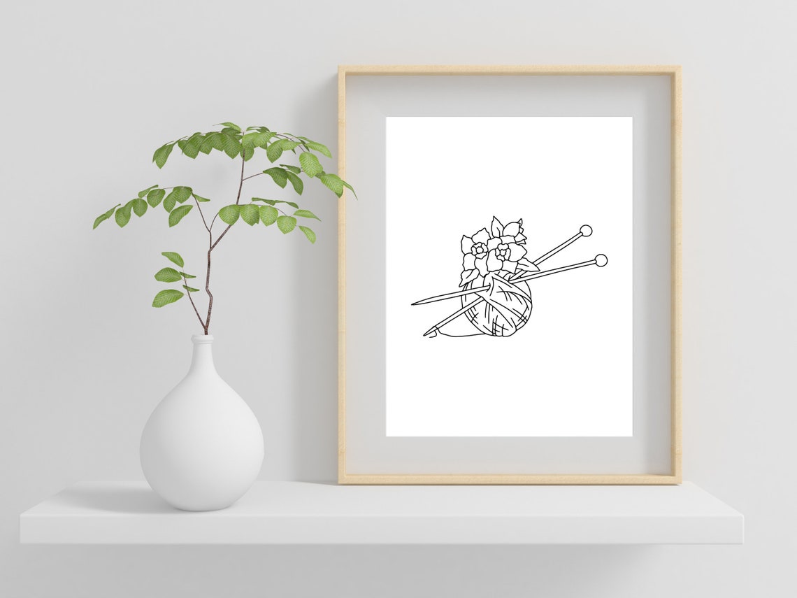 Knitting Needles Yarn Ball Floral Line Art Minimalist Poster - Image 2