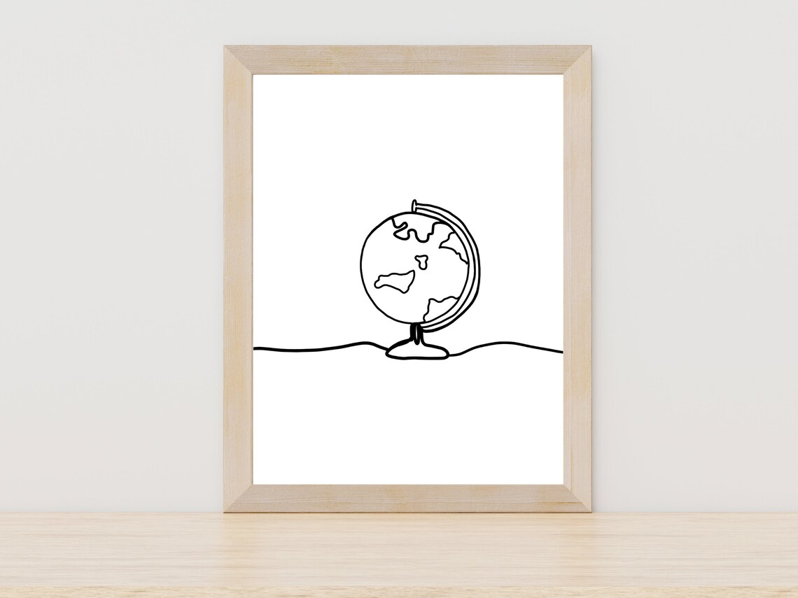 Globe Continuous Line Drawing World Map Line Art Art Print