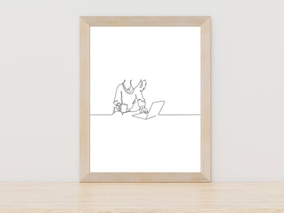 Woman Working Coffee Line Art Stay At Home Wall Art Woman Drinking Coffee Line Art Coffee Lovers Gift Line Art Coffee Boho Coffee Line Art