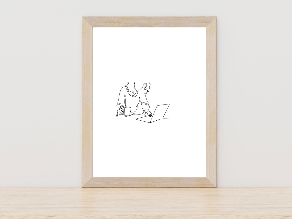 Woman Working At Laptop With Coffee Minimalist Line Art Poster