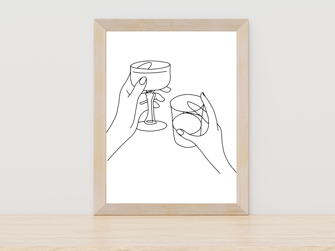 Cocktail Cheers Hands Line Art Minimalist Bar Cart Party Decor Poster