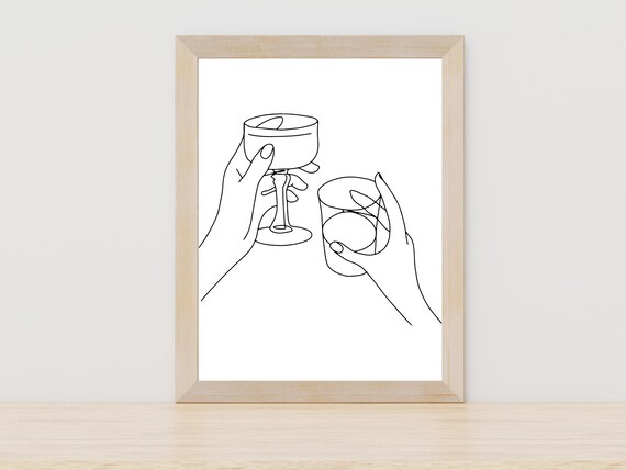 Cocktail Cheers Hands Line Art Minimalist Bar Cart Party Decor Poster
