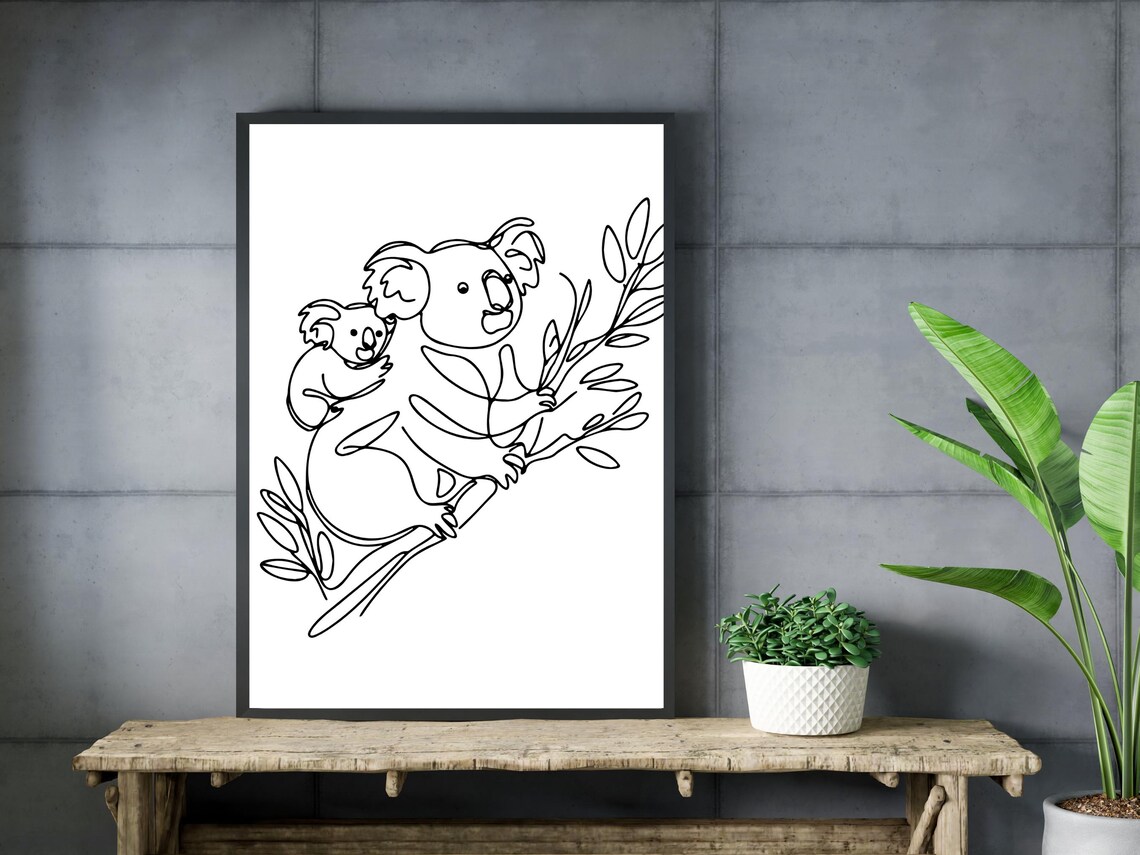 Mother and Baby Koala Line Art With Eucalyptus Minimalist Poster - Image 3