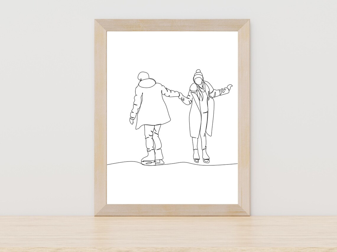 Romantic Couple Ice Skating Hand In Hand Winter Line Art Poster