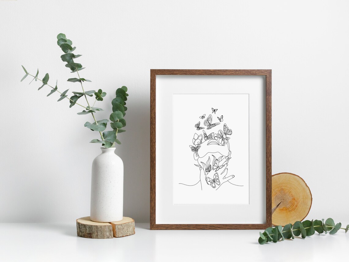 Beautiful Woman Face With Butterflies Blooming Floral Line Art Print - Image 4