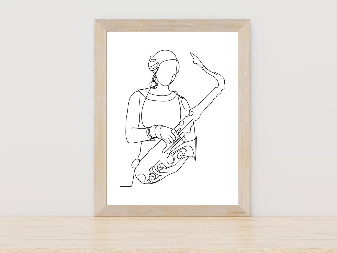 Minimalist Female Saxophone Player Single Line Art Music Poster