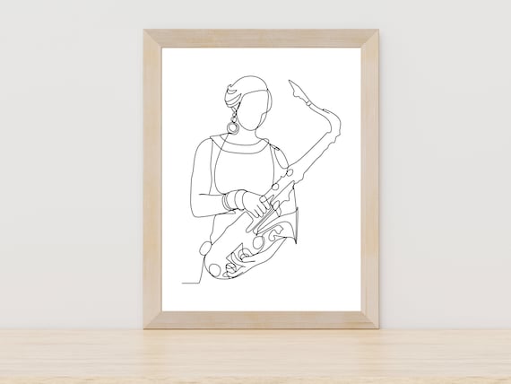 Minimalist Female Saxophone Player Single Line Art Music Poster