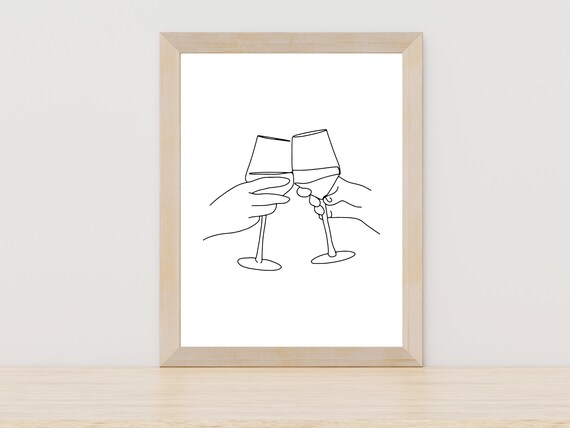 Two Hands Toasting Wine Glasses Single Line Art Cheers Poster