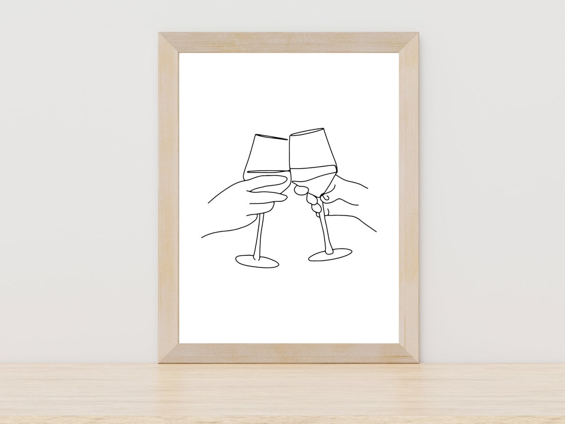 Two Hands Toasting Wine Glasses Single Line Art Cheers Poster
