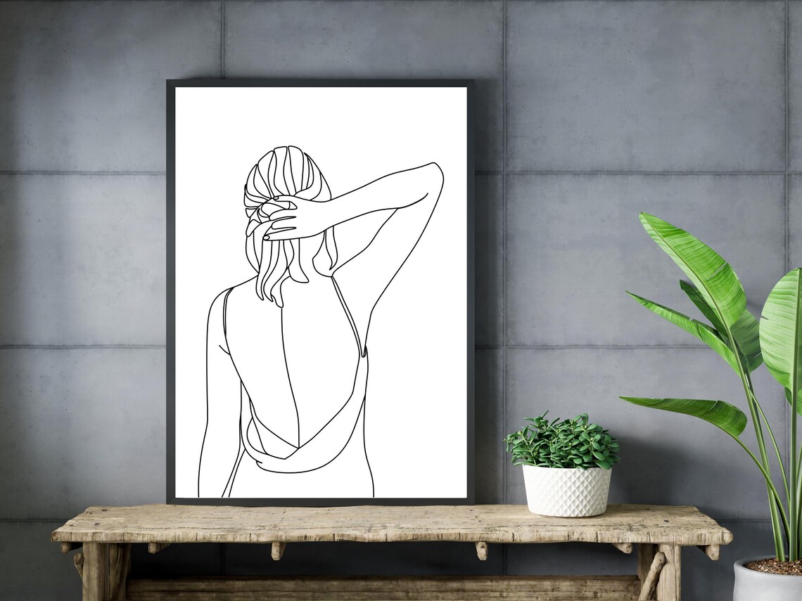 Elegant Woman from Behind in Open Back Dress Single Line Art Poster - Image 3