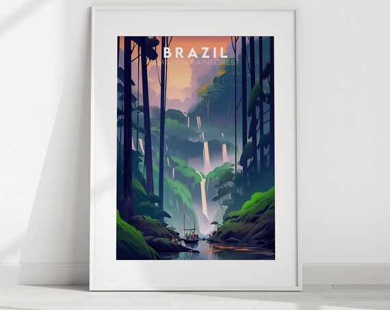 Amazon Rainforest Brazil Waterfall Jungle Vintage Travel Poster