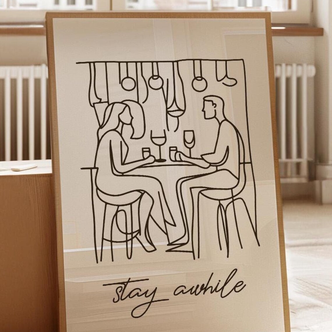 Stay Awhile Minimalist Single Line Art Couple Dining Room Poster