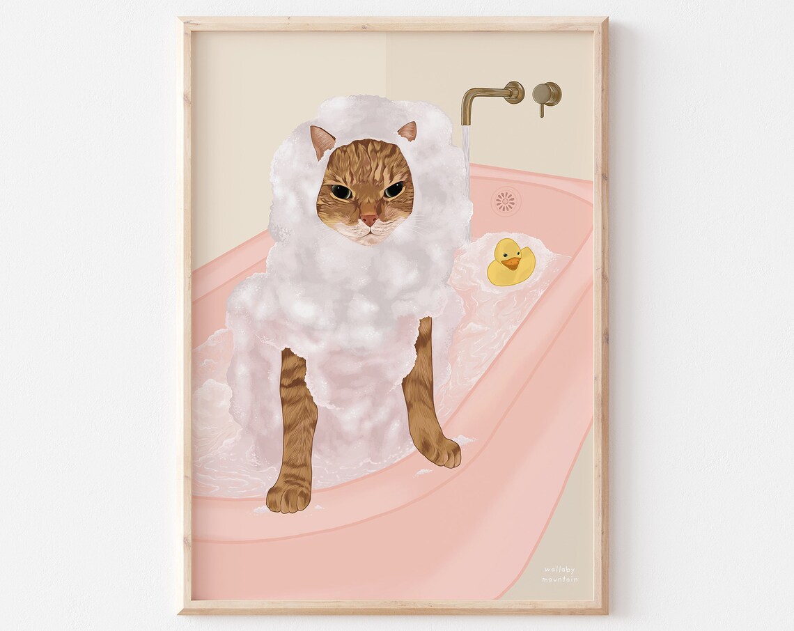 Bath Cat Illustration, Vintage Cat Bathroom Art Print