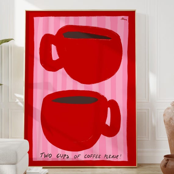 Red Cups Print Coffee Wall Art Doodle Pink And Hand Drawn Kitchen Prints Station Decor Mid Century Colorful