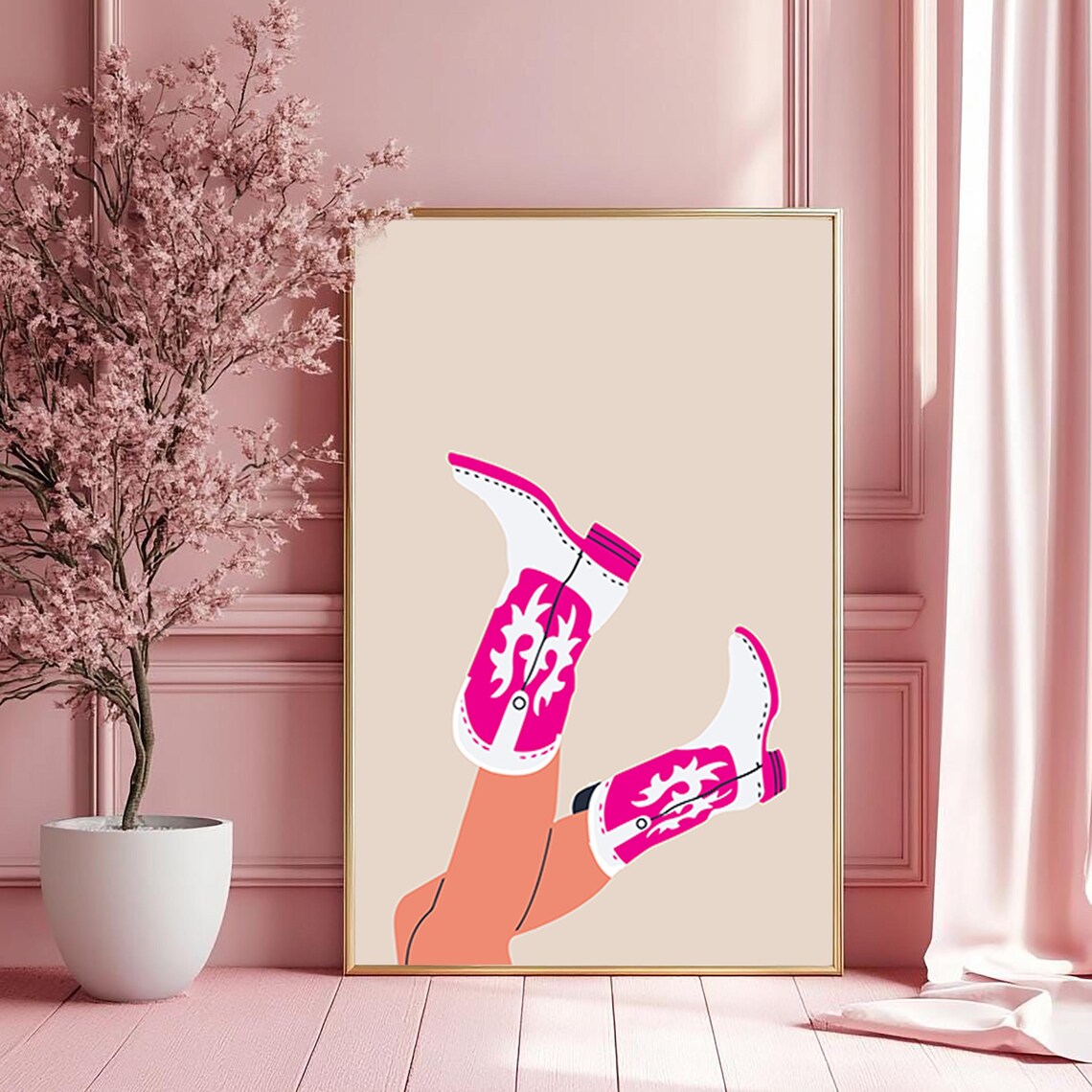 Pink Cowgirl Boots Wall Art Playful Western Fashion Illustration Decor