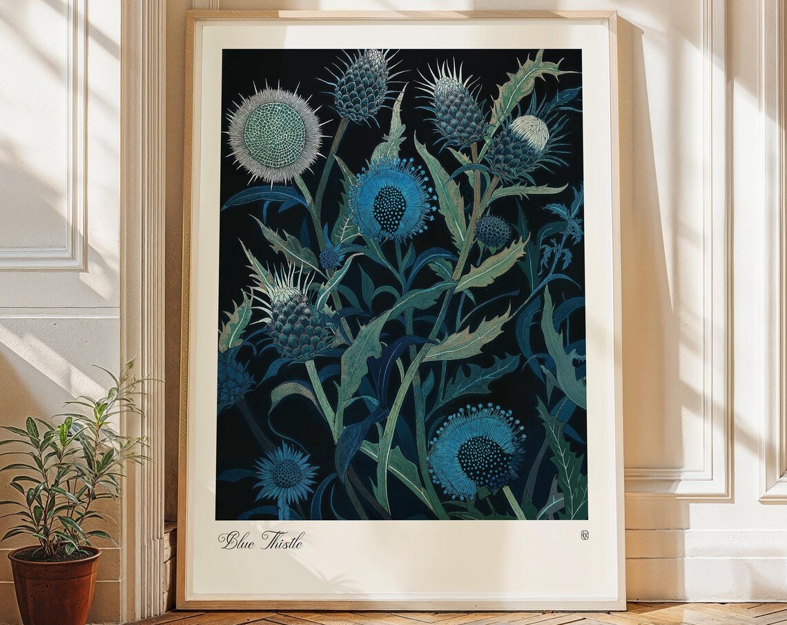 Blue Thistle Floral Art Print, Rustic Woodcut Style - Image 3