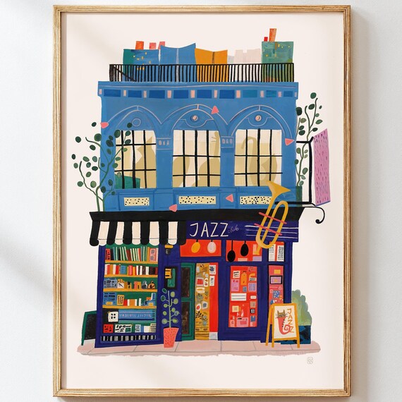 Colorful Jazz Club Storefront Illustration Music Lover Wall Poster