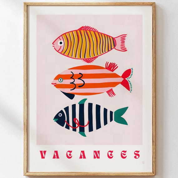 Coastal Fish Print Summer Travel Retro Poster Bathroom Nautical Art Vintage Ocean Illustration Dopamine Beach Decor
