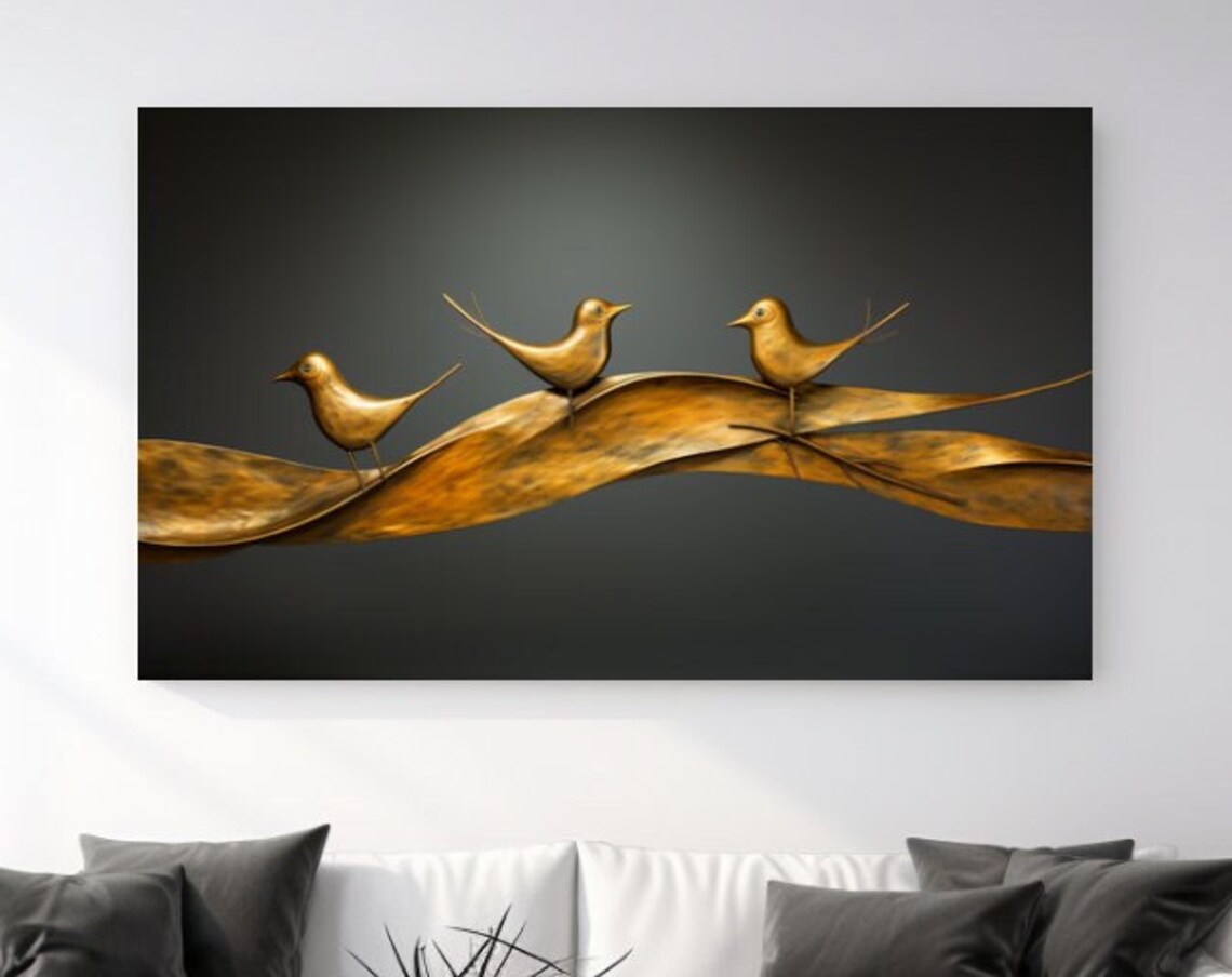 Golden Birds On Ribbon Branch Sculptural Luxury Birds Art Poster
