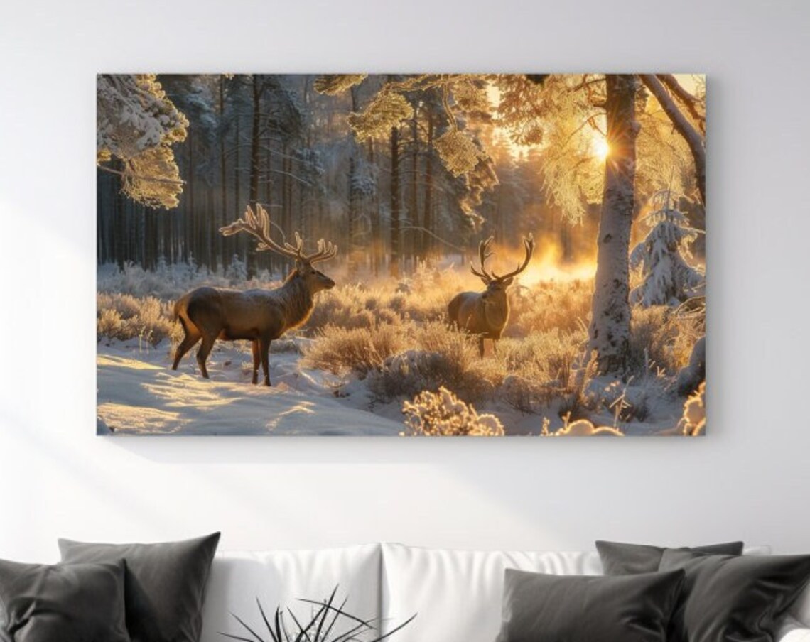 Nordic Nature Deers Winter Art Print, Wildlife Decor