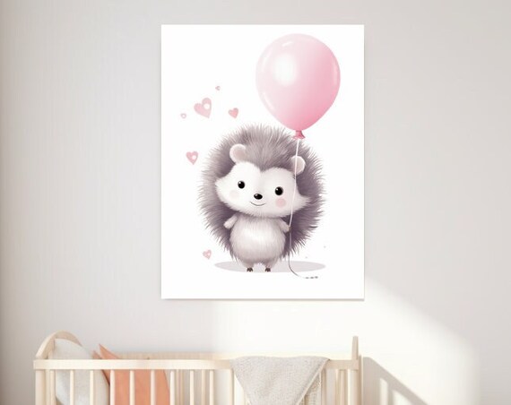 Cute Baby Hedgehog With Pink Balloon Watercolor Nursery Art Poster