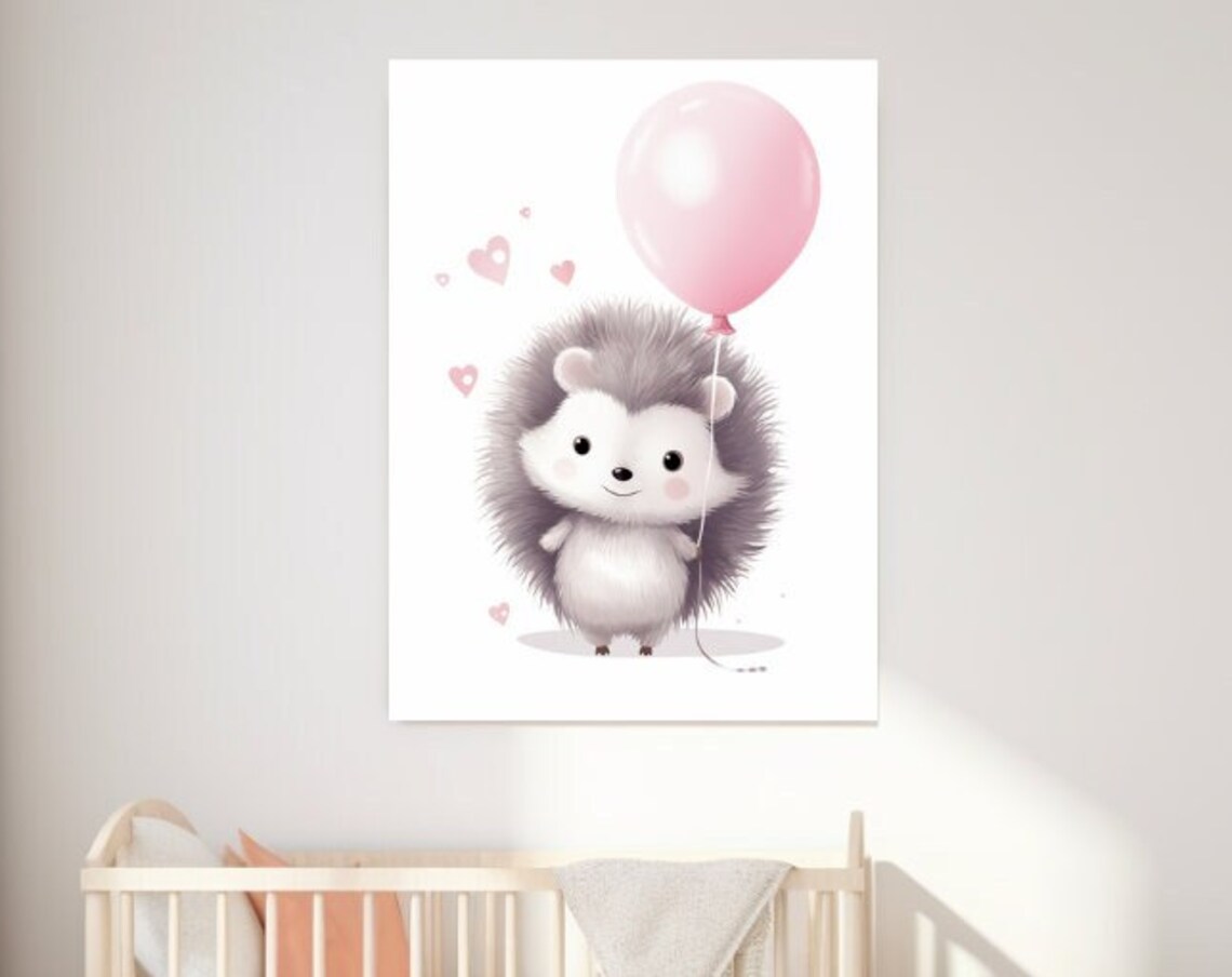 Cute Baby Hedgehog With Pink Balloon Watercolor Nursery Art Poster