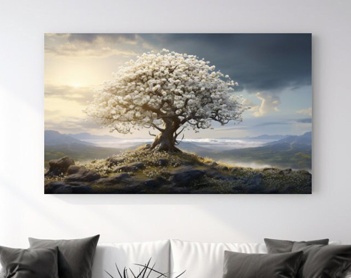 White Blossom Tree Rocky Mountain Sunrise Cloud Valley Nature Poster