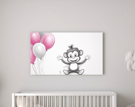 Cheerful Happy Monkey with Pink and White Balloons Kids Room Poster