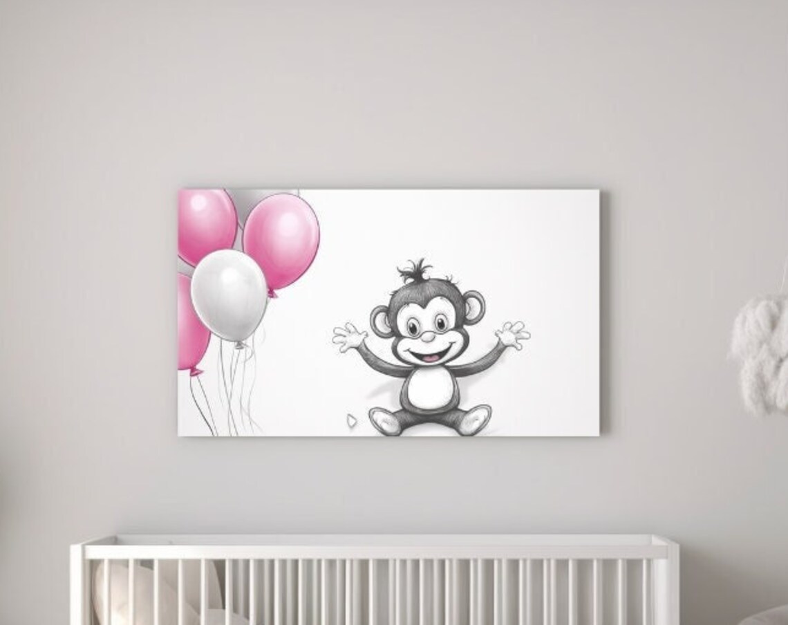 Cheerful Happy Monkey with Pink and White Balloons Kids Room Poster