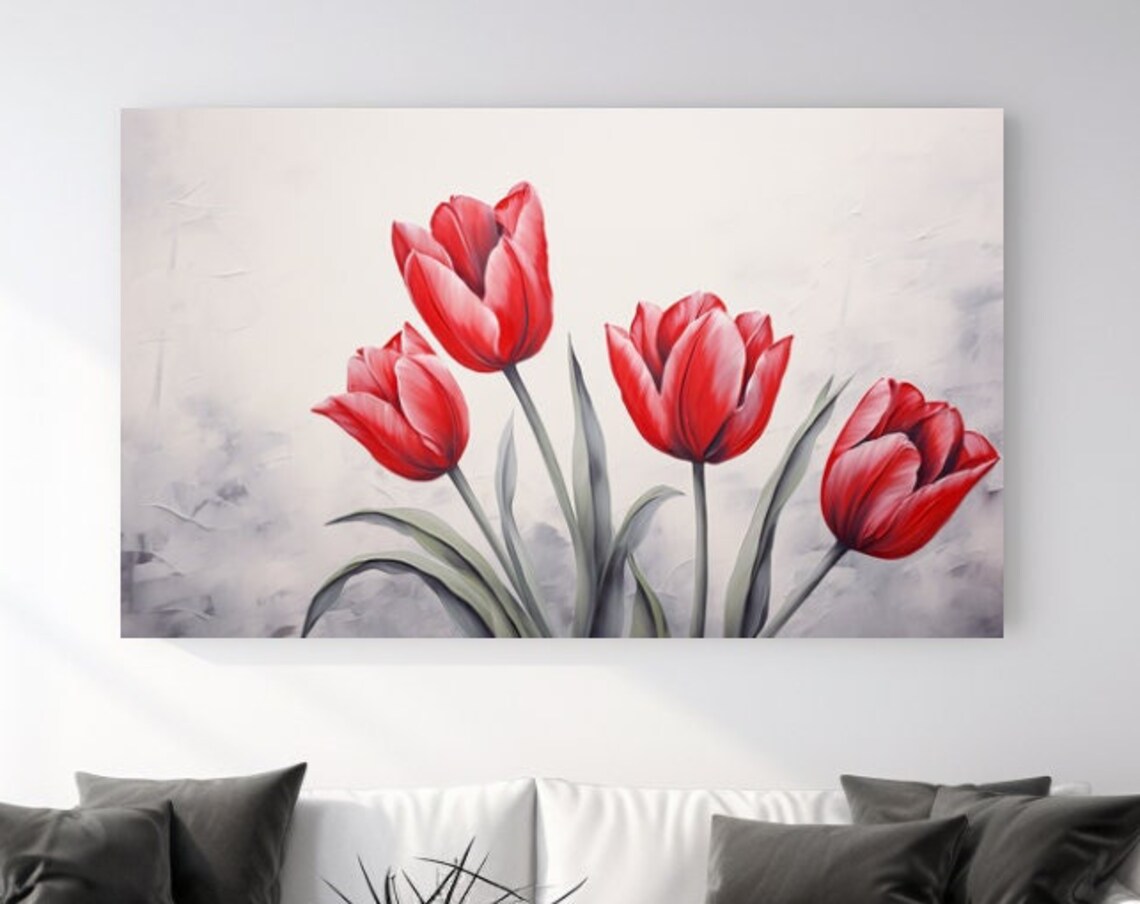 Red Tulips Bouquet Watercolor Floral Painting White Wall Art Poster