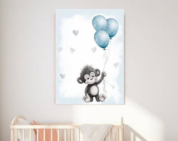 Cute Baby Monkey Holding Blue Balloons Watercolor Nursery Poster