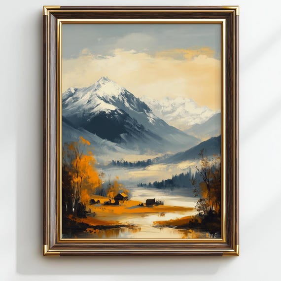 Majestic Snowcapped Mountain Art Rustic Winter Landscape Cozy Vintage Wall Decor With Sunlit Valley 40