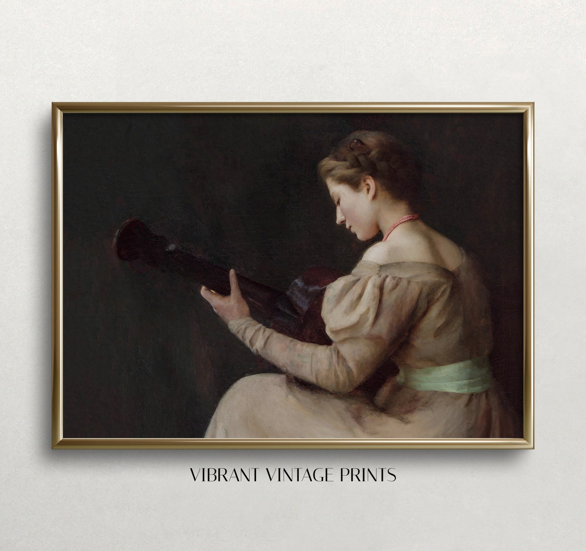 Seated Woman Playing Guitar Dark Moody Vintage Oil Painting Poster