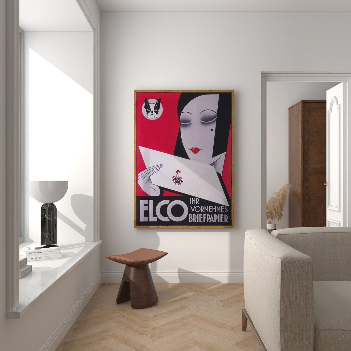 ELCO Vintage German Stationery Ad Art Deco Woman Red Background Poster