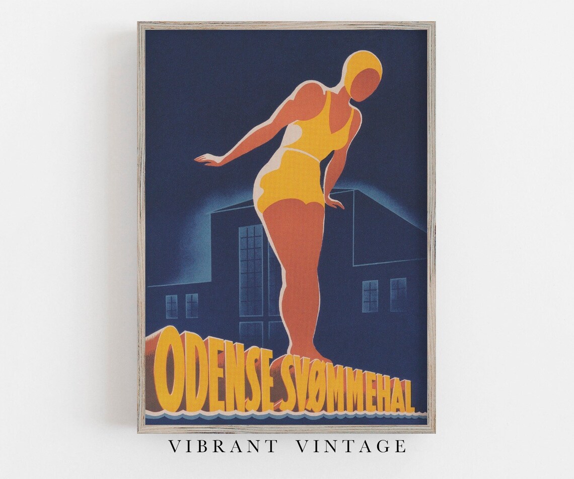 Denmark Swimmer, Vintage Art Deco Travel Poster
