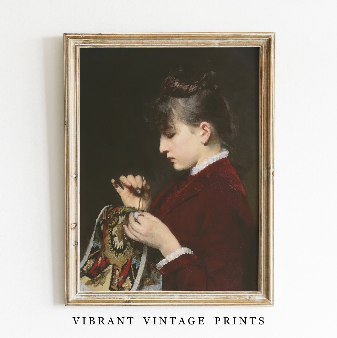 Vintage Woman Sewing Portrait Dark Moody Oil Painting Antique Wall Art