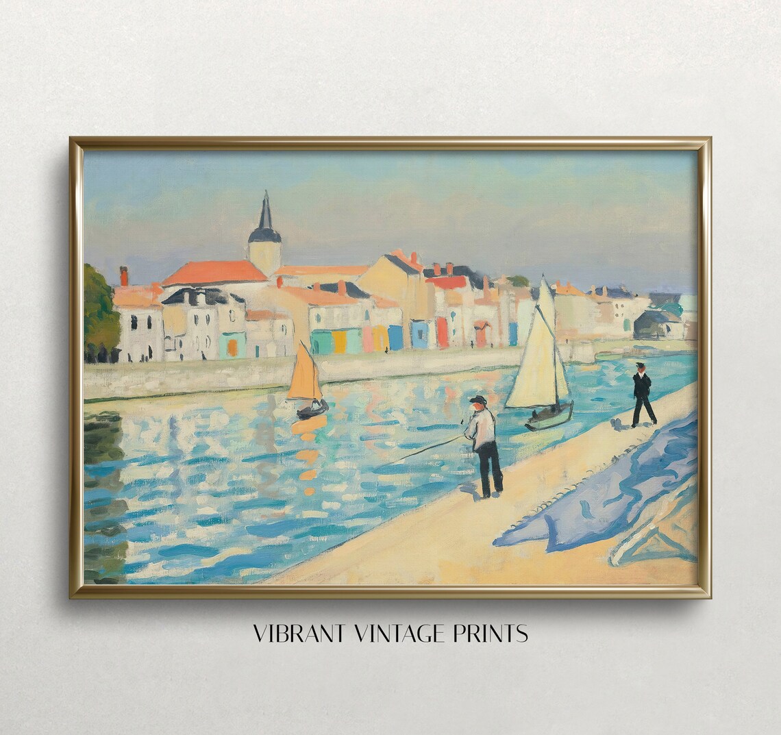 Colorful French Riverside Town Fishermen Sailboats Painting Poster