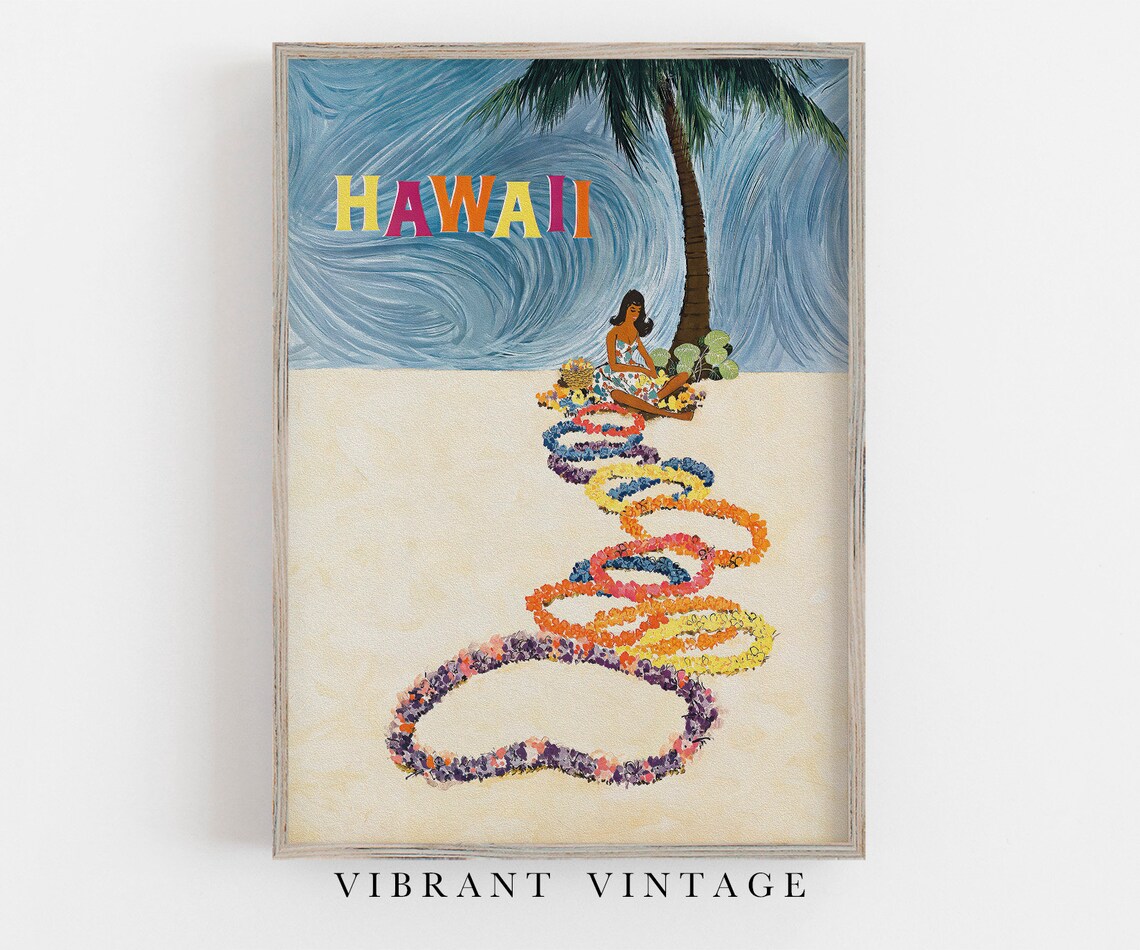 Hawaii Vintage Travel Poster, Flower Leis Art Print