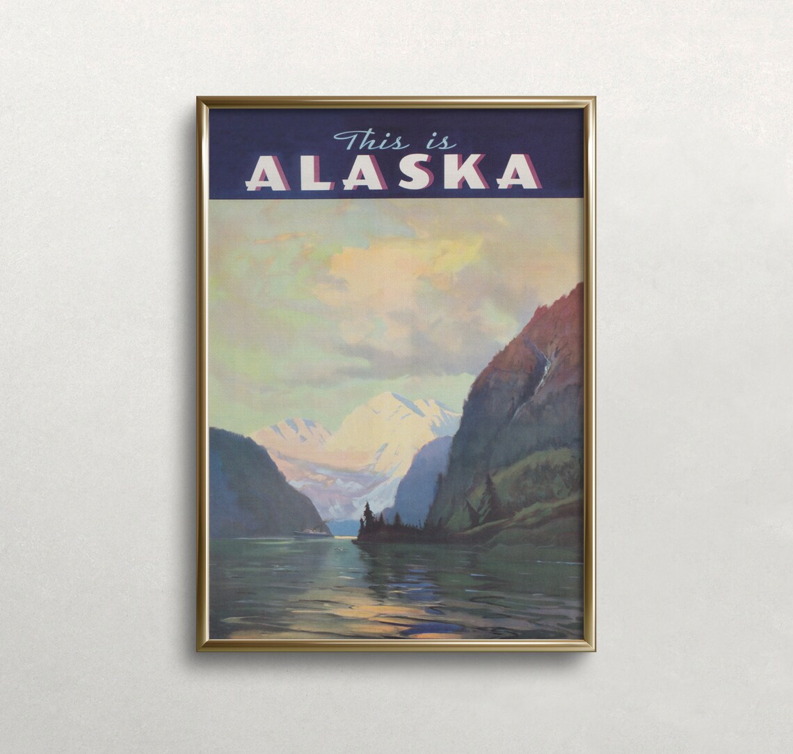 Alaska Vintage Travel Poster, Neutral Landscape Art Print