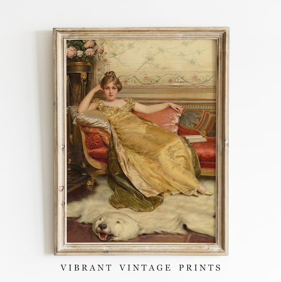 Victorian Woman Gold Gown Reclining Polar Bear Rug Vintage Portrait Poster
